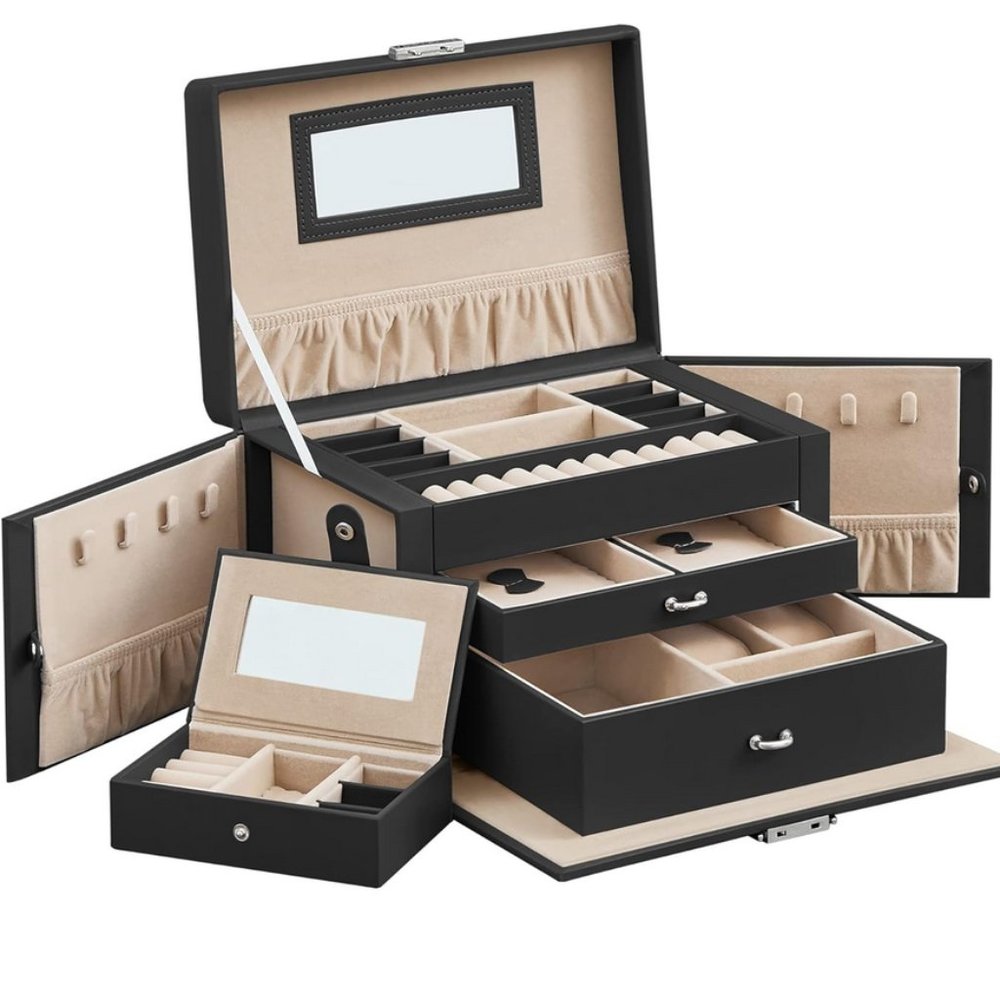 Songmics 3-Layer Locking Black Jewelry Box NWT